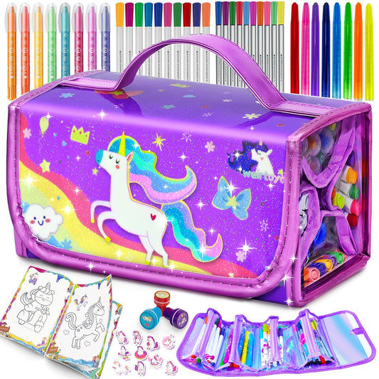 56 PCS Washable Scented Markers Set with Glitter Pencil Case, Mermaid Unicorn Arts and Crafts for kids 4-6-8 Kids Coloring Drawing Kits for 4-8 Years Old Girls Birthday Gifts