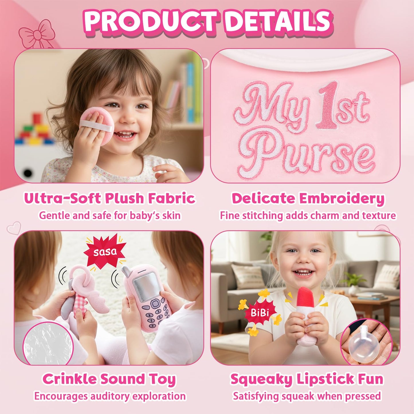 My 1st Purse Plush Toy Set – 5 PCS Sensory Toddler Purse for Little Girls Including Phone, Lipstick, Keys & Mirror, First Birthday Gift for Baby Toddler Girl Ages 1-3 (Pink)