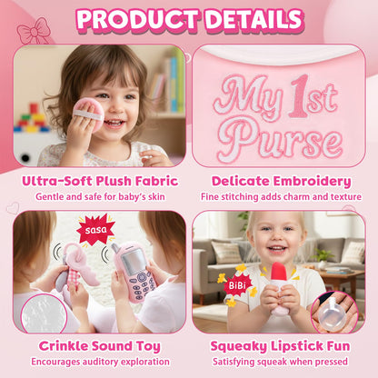 My 1st Purse Plush Toy Set – 5 PCS Sensory Toddler Purse for Little Girls Including Phone, Lipstick, Keys & Mirror, First Birthday Gift for Baby Toddler Girl Ages 1-3 (Pink)