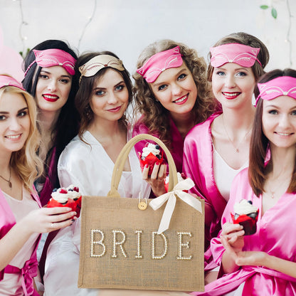 Silkfly Wedding Bride Tote Bag Bridal Shower Gift Beach Jute Tote Bag with Ribbon for Bachelorette Party Favors Supplies(Gold Edges,Bride)