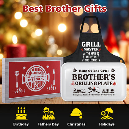 Brother Gifts for Fathers Day Birthday Christmas Valentines Day,Funny BBQ Grilling Platter with Apron Set Gifts for Little Big Adult Brother in Law from Sister, Novelty Grill Aprons for Brothers Men