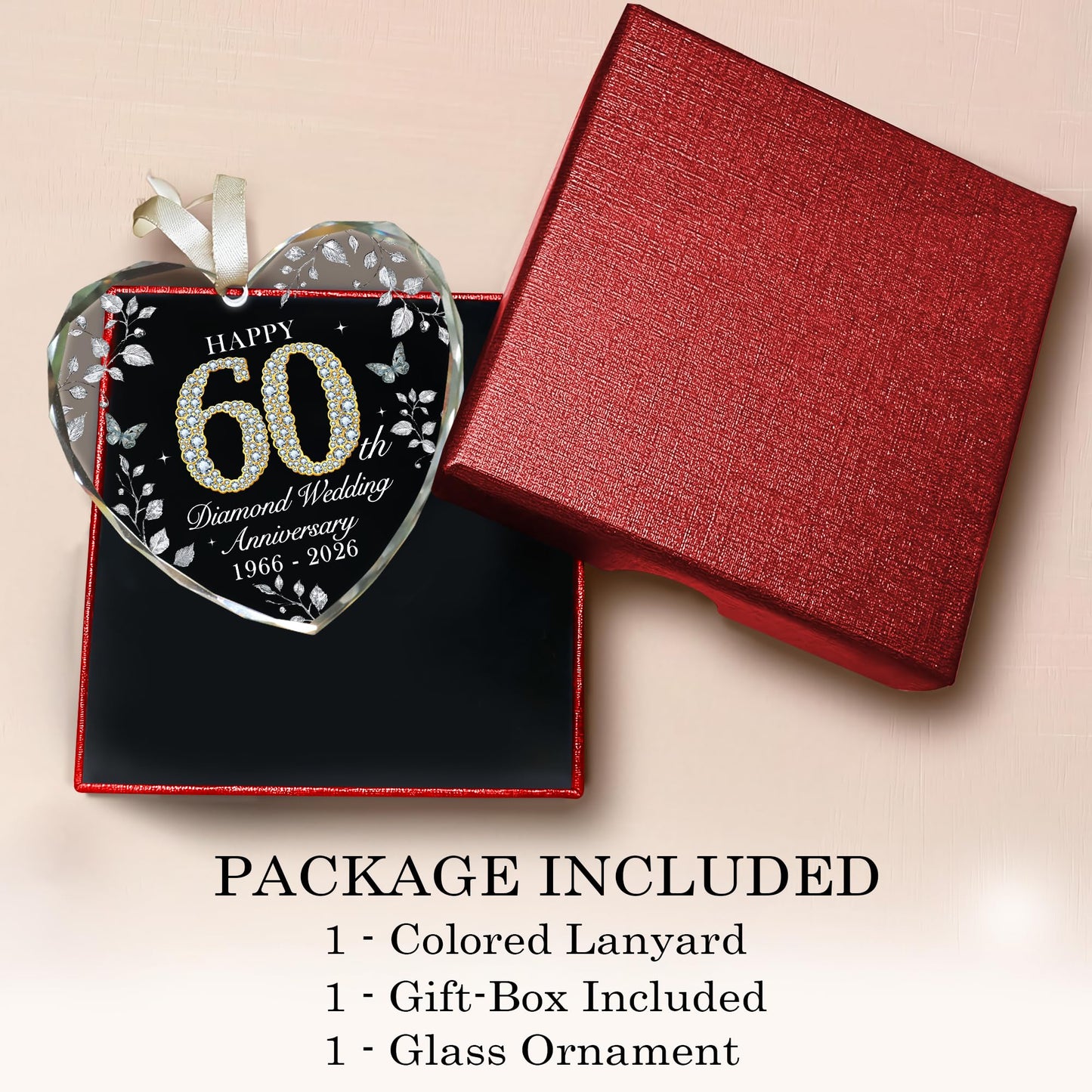 60th Anniversary Ornament 1966-2026, Diamond Wedding Anniversary Decoration, 60th Wedding Anniversary Marriage Gift for Couple or Parents, 60 Year Anniversary Keepsake
