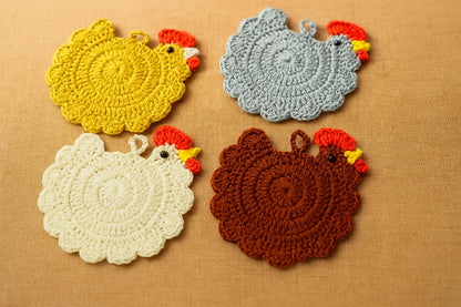 Handmade Crochet Chicken Coasters Set of 4, Mom, Stuffed Animal-Themed Drink Coasters, Cute Desk Accessories, Home Decor, Tabletop Protection, Crazy Chicken Lady Must Have