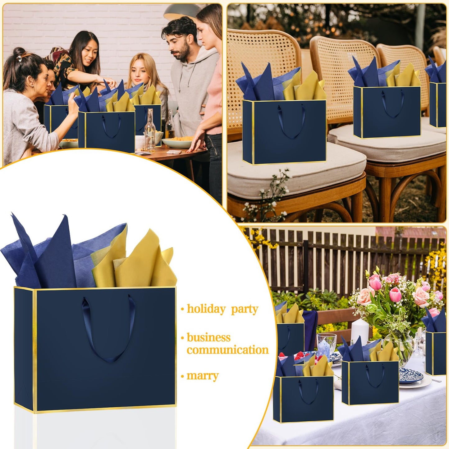 Epoesch 12 Pack Navy Blue Gift Bags with Handles – Includes 24 Tissue Paper – 11.8"x10"x4" – Elegant 5 Senses Gift Bags for Wedding, Bridesmaids, Groomsmen, Guests, Father's Day, Holidays (Navy Blue, Gold)
