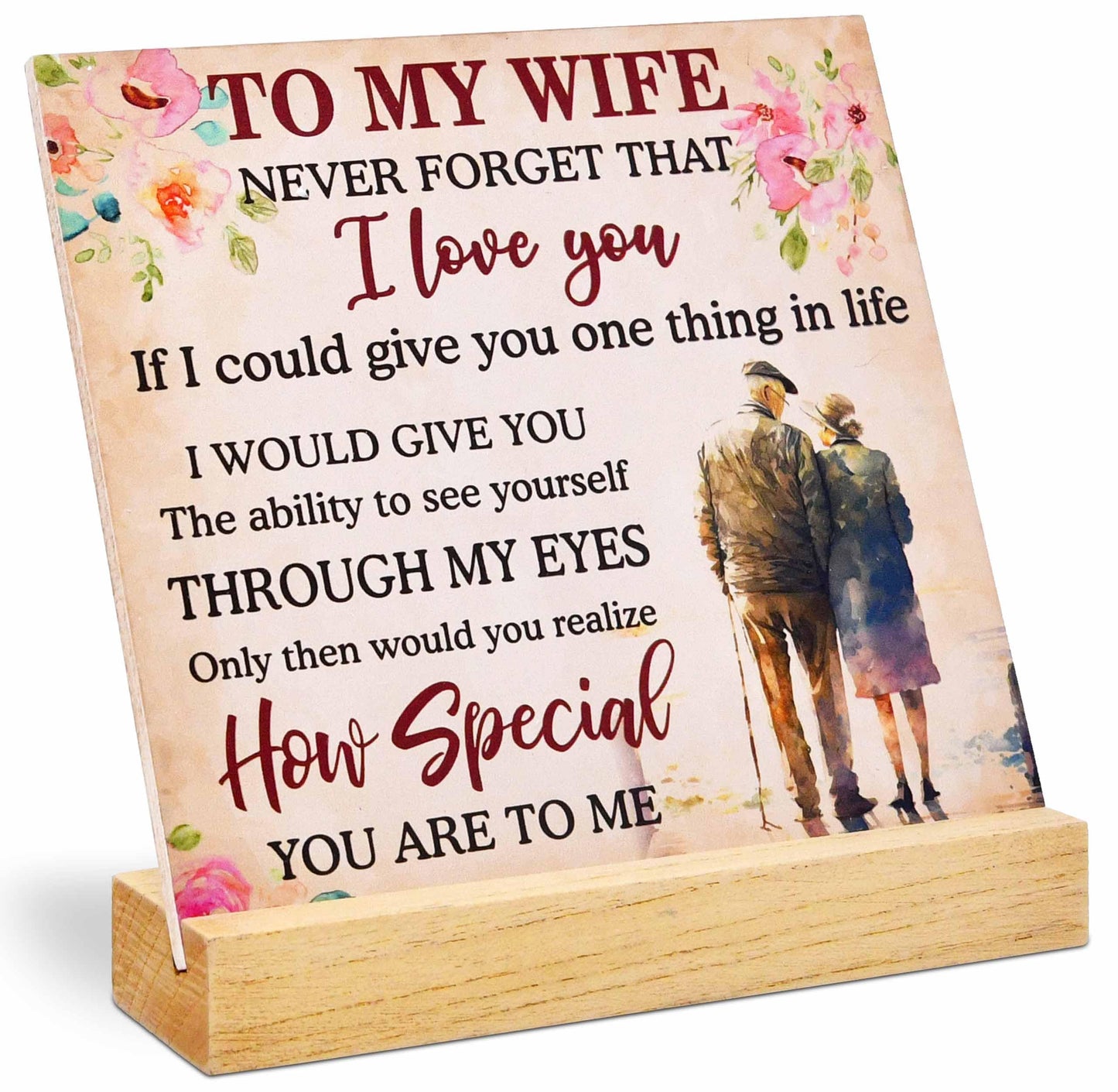 Romantic Gift for Wife Plaque with Wooden Stand, Love Quote Sign for Wife, Anniversary Birthday Valentine’s Day Christmas Gift for Her Decor