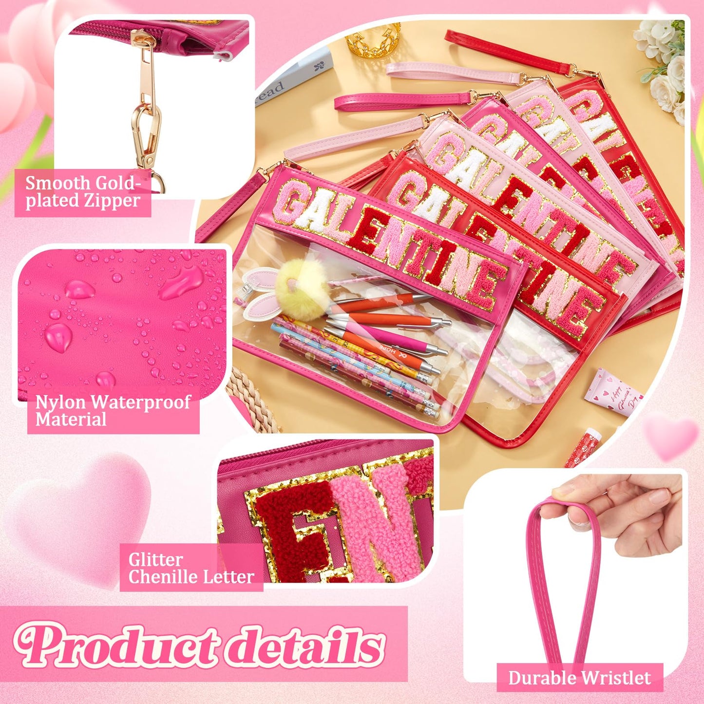 Shinylin 6 Pcs Galentine's Day Makeup Bags Gifts Bulk Chenille Letter Clear Zipper Pouch Waterproof Nylon Organizer for Women Girls Friends Ladies Valentine's Day Party Favors Decorations