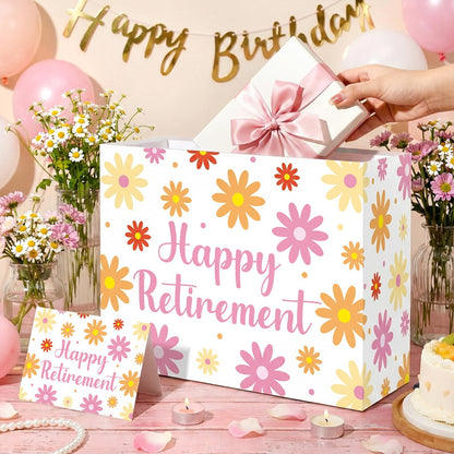 MOORIIY Happy Retirement Gift Bag for Women, Boho Daisy Retirement Wrapping Paper Bag with Tissue Paper and Card Floral Retired Gifts for Women Farewell Going Away Party Decorations Supplies