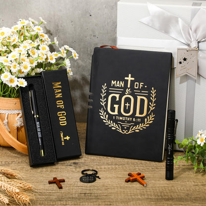 Kosiz 5 Pcs Man of God Father's Day Christian Gifts for Men Leather Journal Notebook Cross Keychain Waterproof Pocket Flashlight with Clip Bible Verse Pen with Pen Box Pastor Baptism Gifts