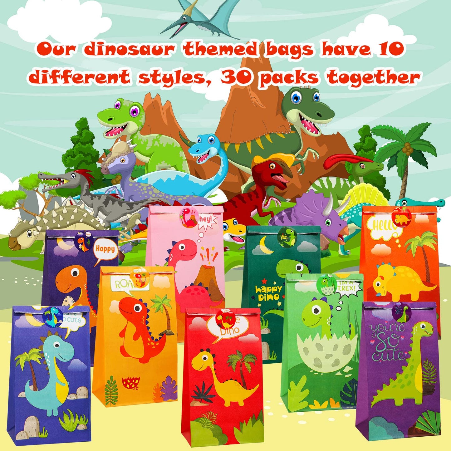 Containlol 30 Pack Dinosaur Party Gift Bags Little Dinosaur Goodie Candy Bag with Matching Stickers Party Favor Supplies for Dinosaurs Themed Birthday Baby Shower(Classical)
