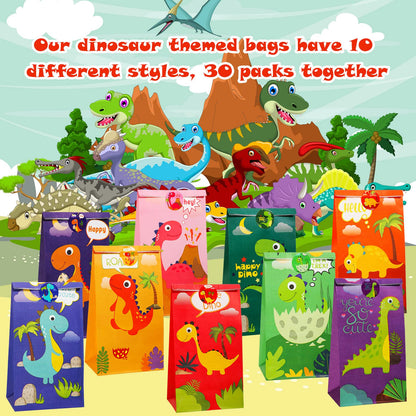 Containlol 30 Pack Dinosaur Party Gift Bags Little Dinosaur Goodie Candy Bag with Matching Stickers Party Favor Supplies for Dinosaurs Themed Birthday Baby Shower(Classical)