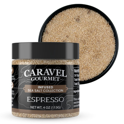 Espresso Infused Sea Salt with Bold and Rich Flavor – Premium Infused Salt that Bring Earthy Flavor – Espresso Gift for Coffee Lovers – 4 oz Jar by Caravel Gourmet