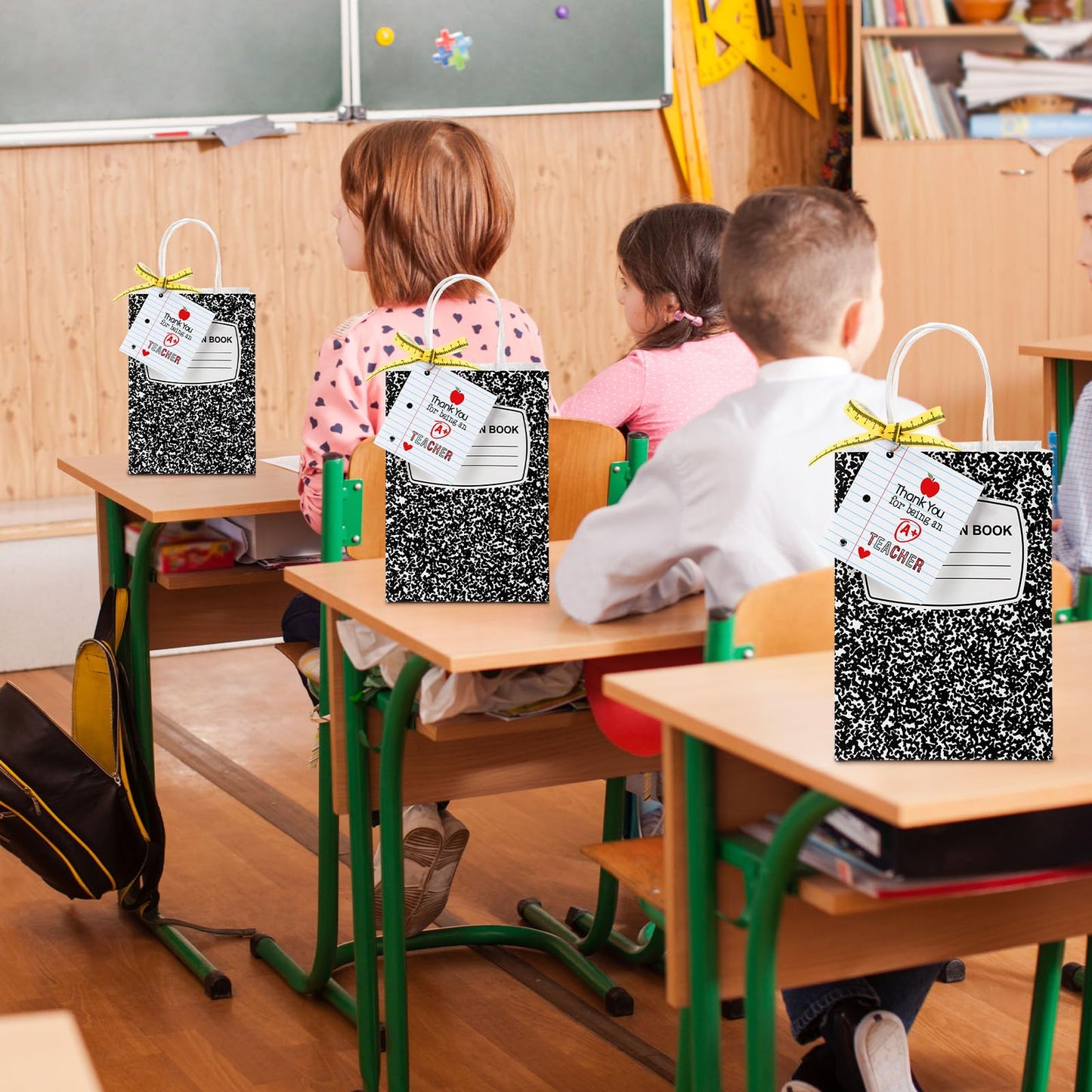 Gilprop 12 Pcs Teacher Appreciation Gift Bags with Paper Tag Thank You Teacher Gift Bags with Handle End of Year Gifts with Tape Measure Ribbon for Graduation Party Favor (Composition Book,Main black)