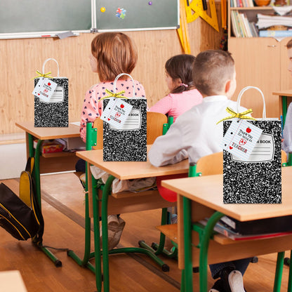 Gilprop 12 Pcs Teacher Appreciation Gift Bags with Paper Tag Thank You Teacher Gift Bags with Handle End of Year Gifts with Tape Measure Ribbon for Graduation Party Favor (Composition Book,Main black)