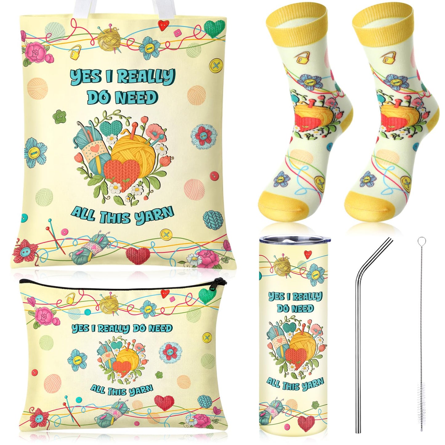 Funny Yarn Lover Gift Set 4 Pieces - Yes I Really Do Need All This Yarn Knitting Crochet Gifts for Women Mother's Day, Tote Bag Socks 20oz Tumbler Makeup Pouch for Crocheters Grandma Teacher