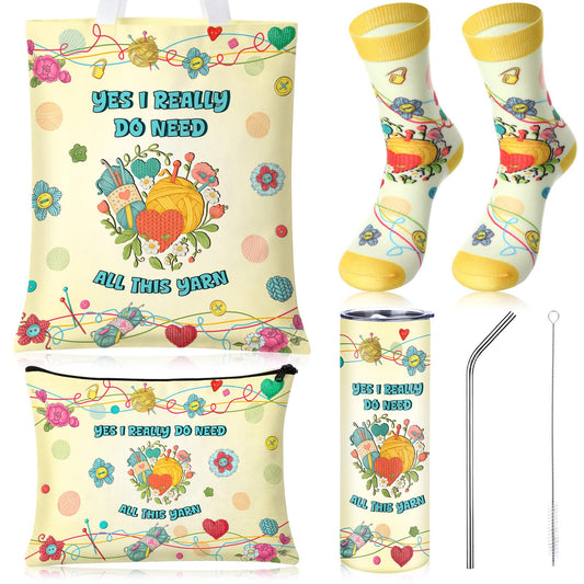 Funny Yarn Lover Gift Set 4 Pieces - Yes I Really Do Need All This Yarn Knitting Crochet Gifts for Women Mother's Day, Tote Bag Socks 20oz Tumbler Makeup Pouch for Crocheters Grandma Teacher