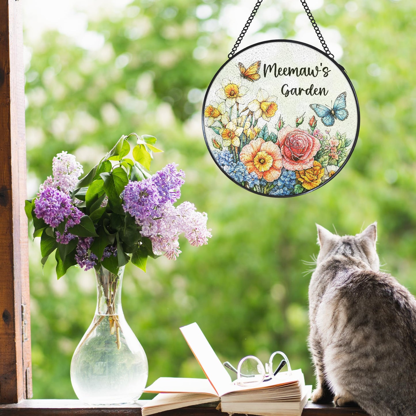 Meemaw's Garden Gifts Stained Glass Suncatcher for Grandma from Grandkids, Meemaw Grandma Gifts Window Hanging Wall Art Decoration for Mothers Day Christmas Birthday, 7.8 x 7.8 in