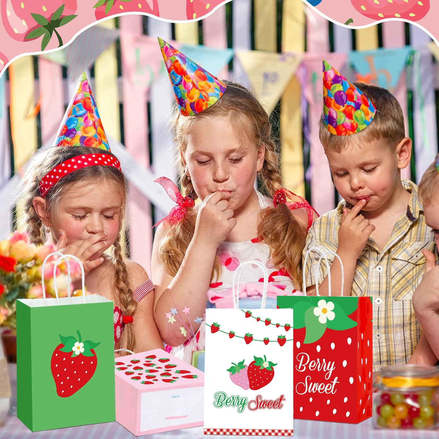 Outus 24 Pcs Strawberry Party Favor Bags Summer Strawberry Gift Bags Cute Strawberry Goodie Candy Paper Bags with Handles for Kids Berry First Birthday Party Supplies Baby Shower Wedding Decoration