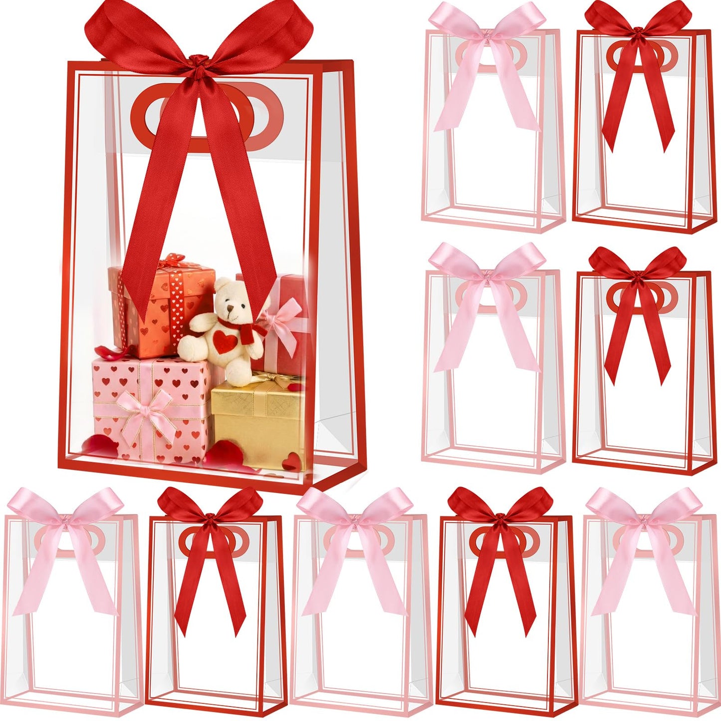 Mooliwe 12 Pcs Red Pink Clear Plastic Gift Bags with Handles 10.2 x 7.08 x 3.15 in Reusable Treat Bags with Ribbons Goodie Gift Wrap Bag for Valentine Parties, Birthday, Wedding Supplies