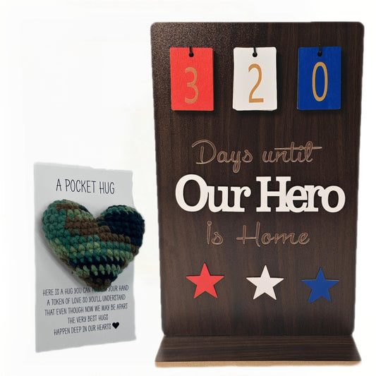 ACECARE Military Deployment Countdown Calendar – “Days Until Our Hero is Home” Wooden Sign with Flip Numbers | Patriotic Red White Blue Stars | Wooden Military Calendar, Homecoming Gift (Dark Brown)