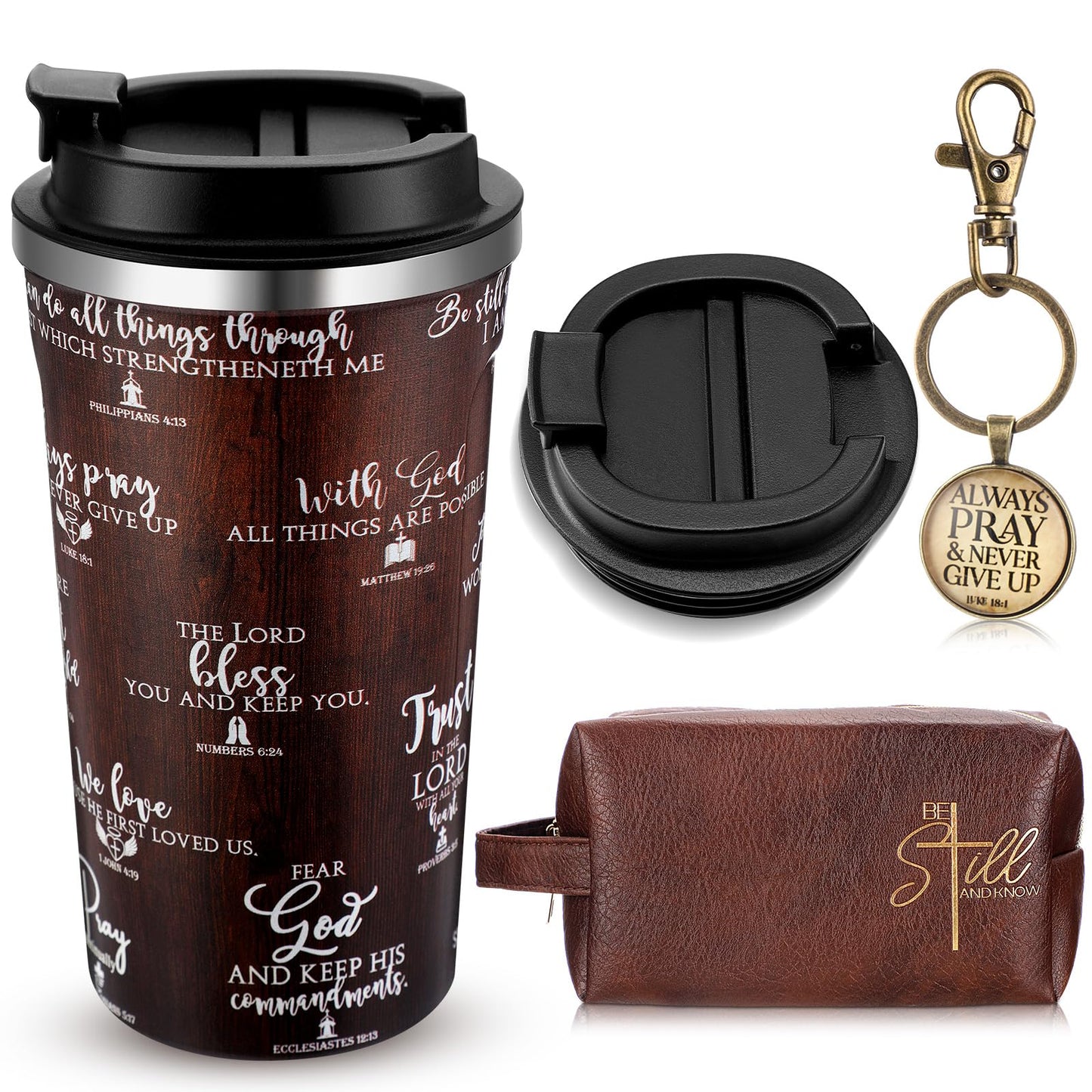 Roshtia 3 Pcs Christian Gifts for Men God Father Appreciation Gifts Bible Faith 20oz Stainless Steel Tumbler with Lid Straw Religious Leather Toiletry Bag Keychain for Birthday Father Day Dad Husband