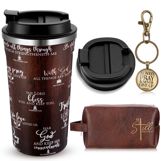Roshtia 3 Pcs Christian Gifts for Men God Father Appreciation Gifts Bible Faith 20oz Stainless Steel Tumbler with Lid Straw Religious Leather Toiletry Bag Keychain for Birthday Father Day Dad Husband
