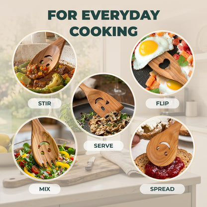MFC 5-Piece Wooden Cooking Spoons - Kitchen Set from Natural Cherry Wood - Wooden Spoons for Cooking - Funny Utensil Set with Smiley Faces - Cooking Multipurpose Wood Utensils