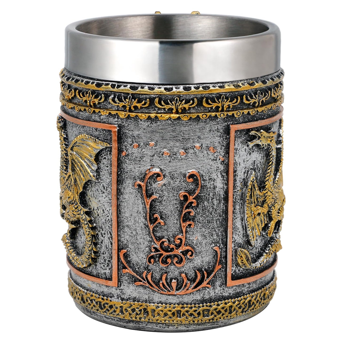alikiki Medieval D&D Dragon Coffee Mug - 15.8oz Stainless Gold Roaring Dragon Beer Drink Mug for GOT Lovers Collector Ideal Novelty Gothic Father Day Gift Party Decoration