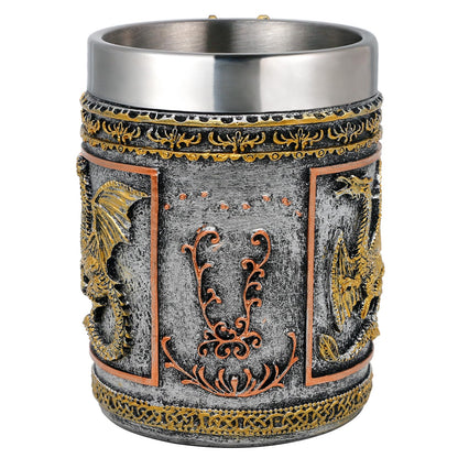 alikiki Medieval D&D Dragon Coffee Mug - 15.8oz Stainless Gold Roaring Dragon Beer Drink Mug for GOT Lovers Collector Ideal Novelty Gothic Father Day Gift Party Decoration