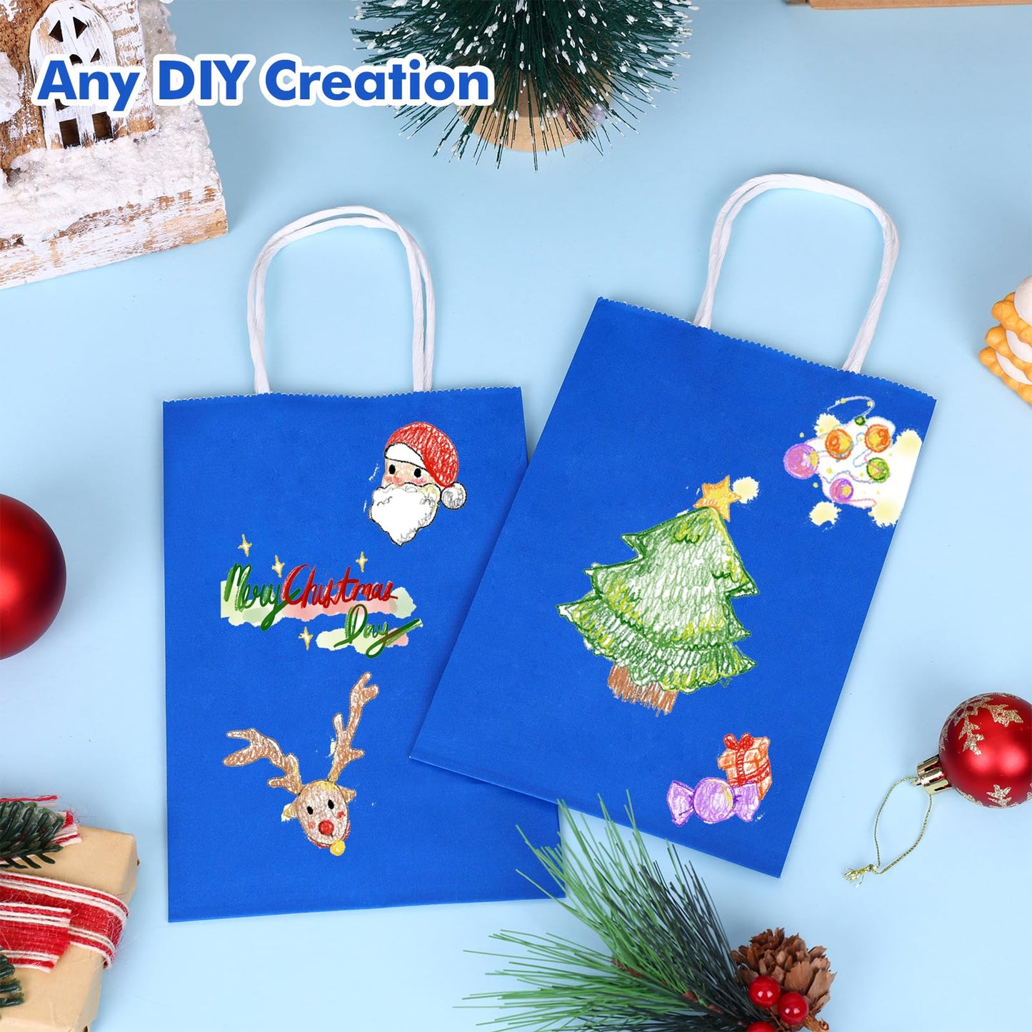 OUTUXED 25pcs 5.25x3.2x8in Blue Paper Bags, Small Blue Gift Bags with Handles Bulk for Shopping, Wedding, Merchandise, Birthday, Business