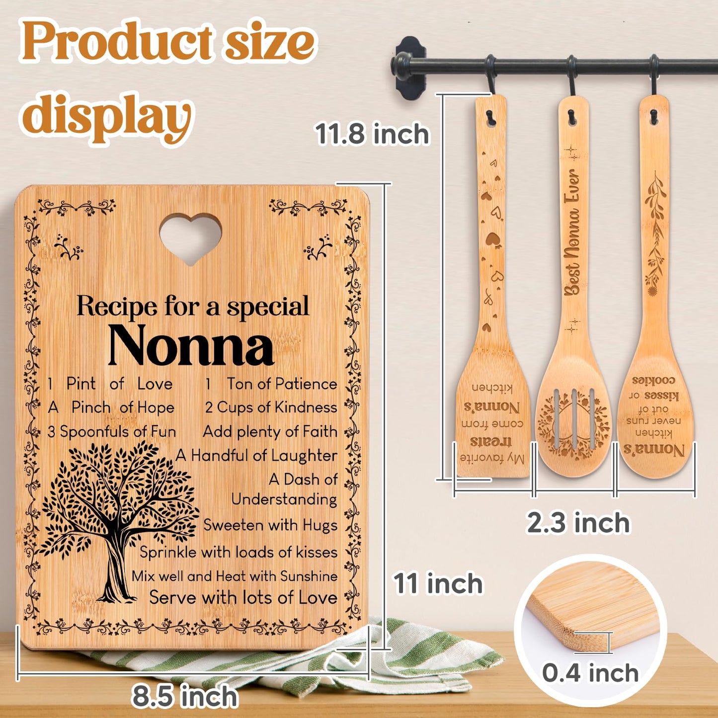 Nonna Gifts - "Recipe for a Special Nonna" Gifts for Nonna Cutting Board Set, Bamboo-Made Engraved Utensil Set Nonna Gifts for Grandma Cutting Board, Mothers Day Gifts for Nonna.