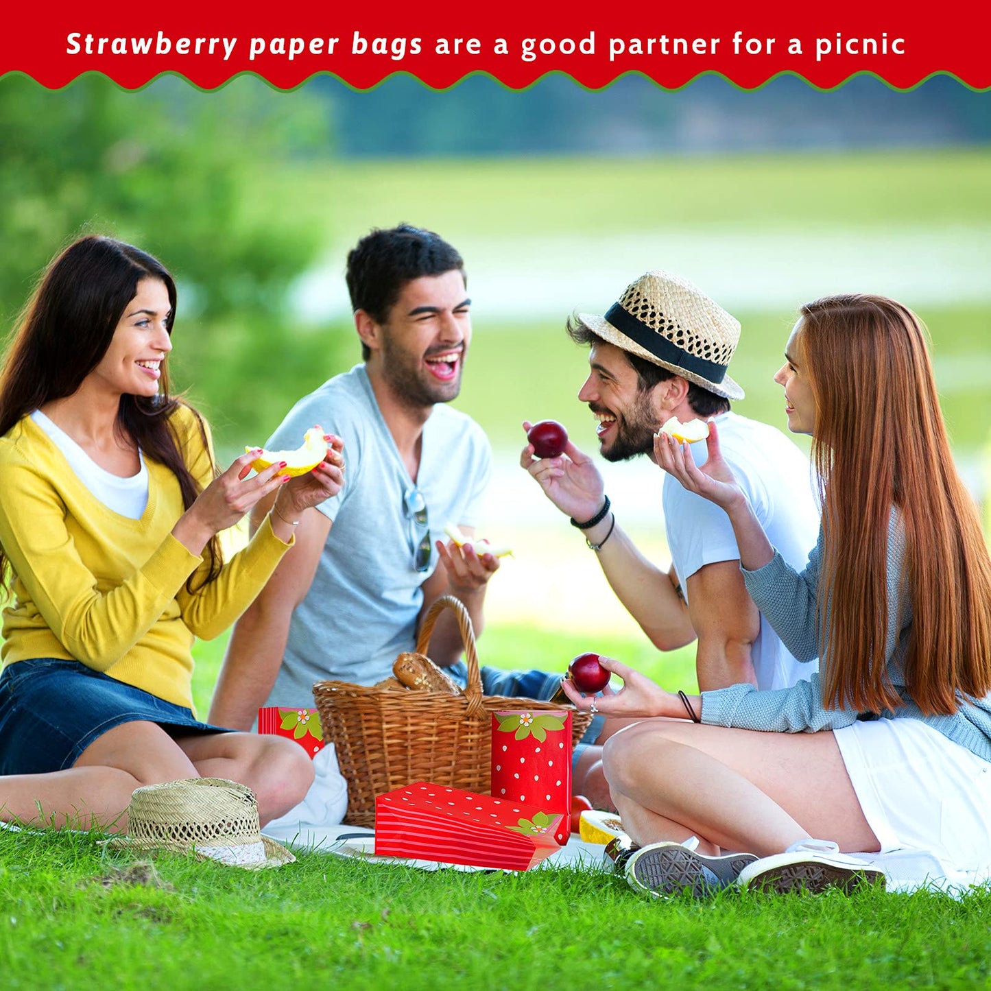 Zonon 24 Pcs Strawberry Party Favors Paper Bags Strawberry Red Candy Treat Goodie Birthday Gift Bags for Present Treat Favors Decor Birthday Summer Party Supplies