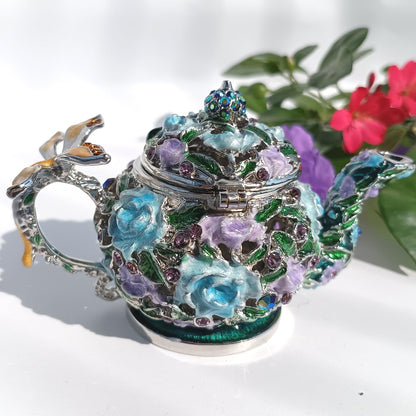 Enamel Teapot Trinket Box Hand-Painted Metal Vintage Jewelry Organizer Unique Ring Holder & Collectible Ornament Purple-Blue