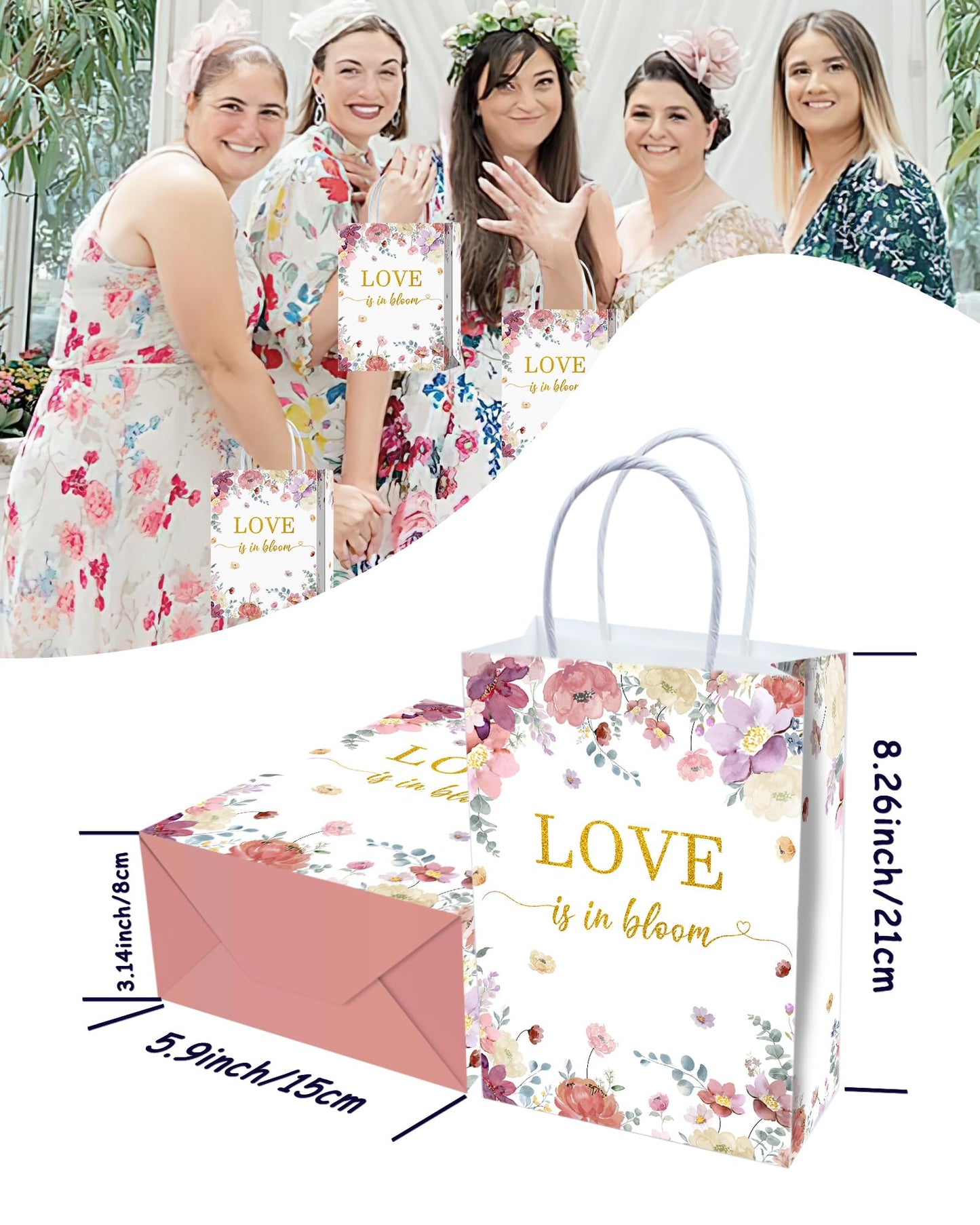 Tyndallrays 16 Pieces Love is in Bloom Floral Bridal Shower Gift Bags with Handles for Bridal Shower, Bachelorette, Wedding, Engagement Parties
