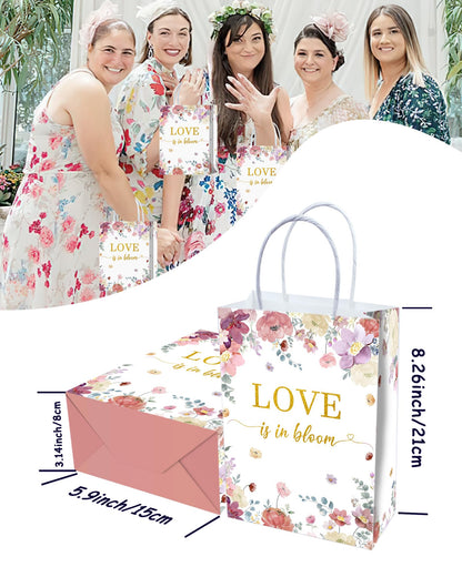 Tyndallrays 16 Pieces Love is in Bloom Floral Bridal Shower Gift Bags with Handles for Bridal Shower, Bachelorette, Wedding, Engagement Parties