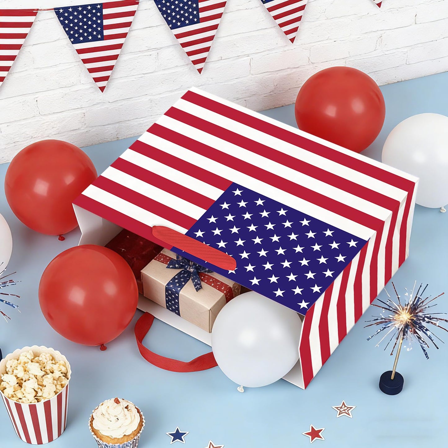 WRAPAHOLIC 13" Large USA Flag Patriotic Gift Bag with Tissue Paper - American Flags 4th of July Gift Bags for Independence Day, Memorial Day and Patriotic Shower