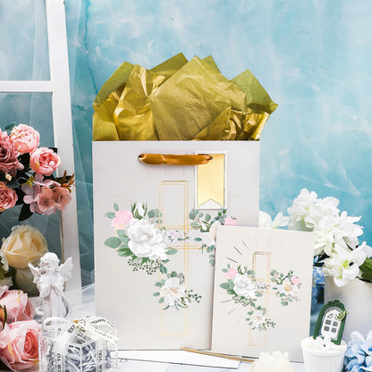 LeZakaa 13" Cross Gift Bag with Flower Design, Silver Christian Gift Bag with Tissue Paper, Gift Tag and Card for Christenings, Religious First Holy Communion, Confirmation, Weddings, Clergy Day