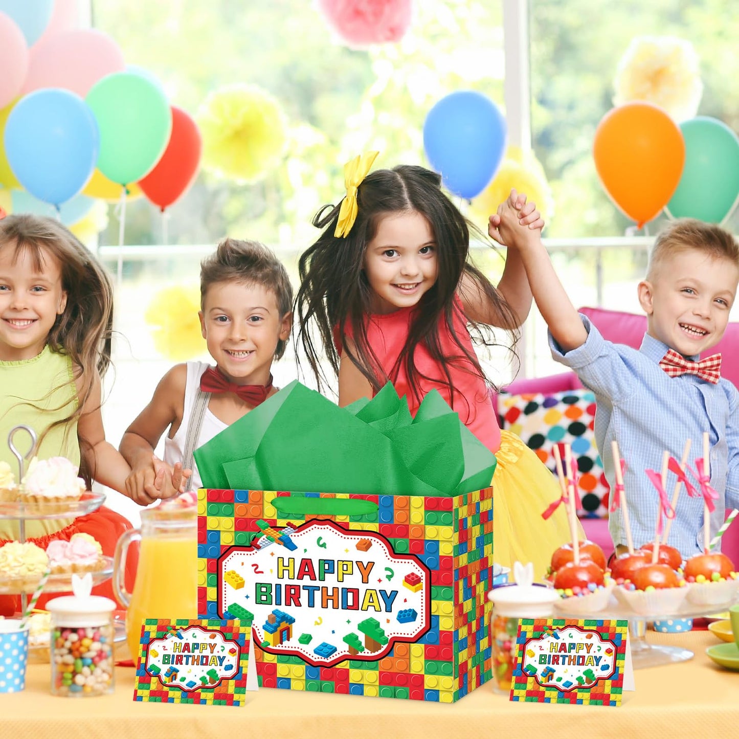 Abilat Building Blocks Birthday Gift Bag with Tissue Paper and Greeting Card Large Happy Birthday Gift Wrapping Bag for Kids Boys Girls Bricks Theme Party Decorations Supplies
