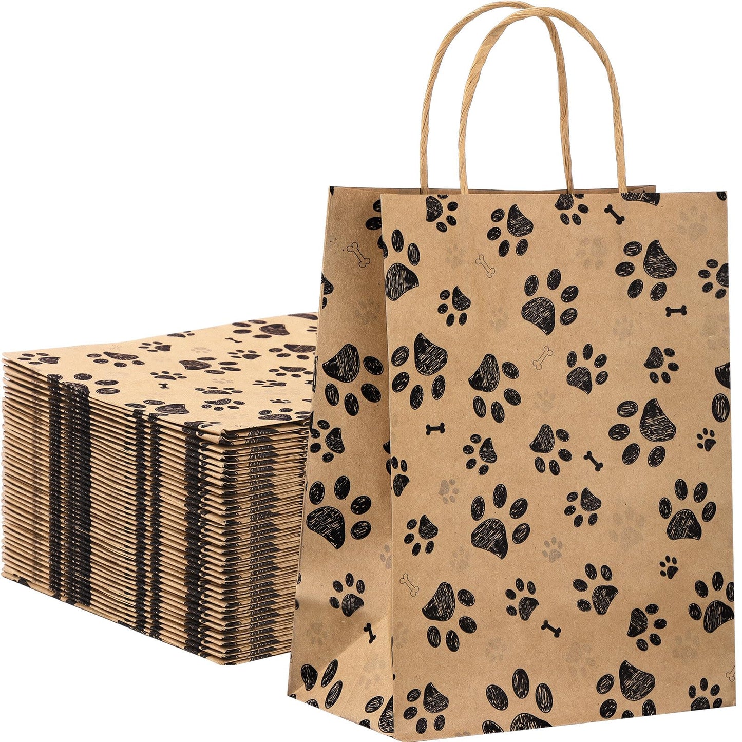 50 Pcs Large Puppy Dog Paw Print Gift Bags with Paper Handles - 10.6x8.3x4.3 Inch Kraft Dog Treat Paper Bags for Pet Treat Party Favor Birthday Gift (Brown)