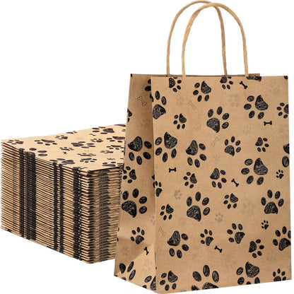 50 Pcs Large Puppy Dog Paw Print Gift Bags with Paper Handles - 10.6x8.3x4.3 Inch Kraft Dog Treat Paper Bags for Pet Treat Party Favor Birthday Gift (Brown)