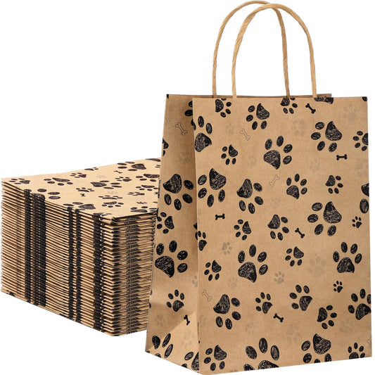50 Pcs Large Puppy Dog Paw Print Gift Bags with Paper Handles - 10.6x8.3x4.3 Inch Kraft Dog Treat Paper Bags for Pet Treat Party Favor Birthday Gift (Brown)