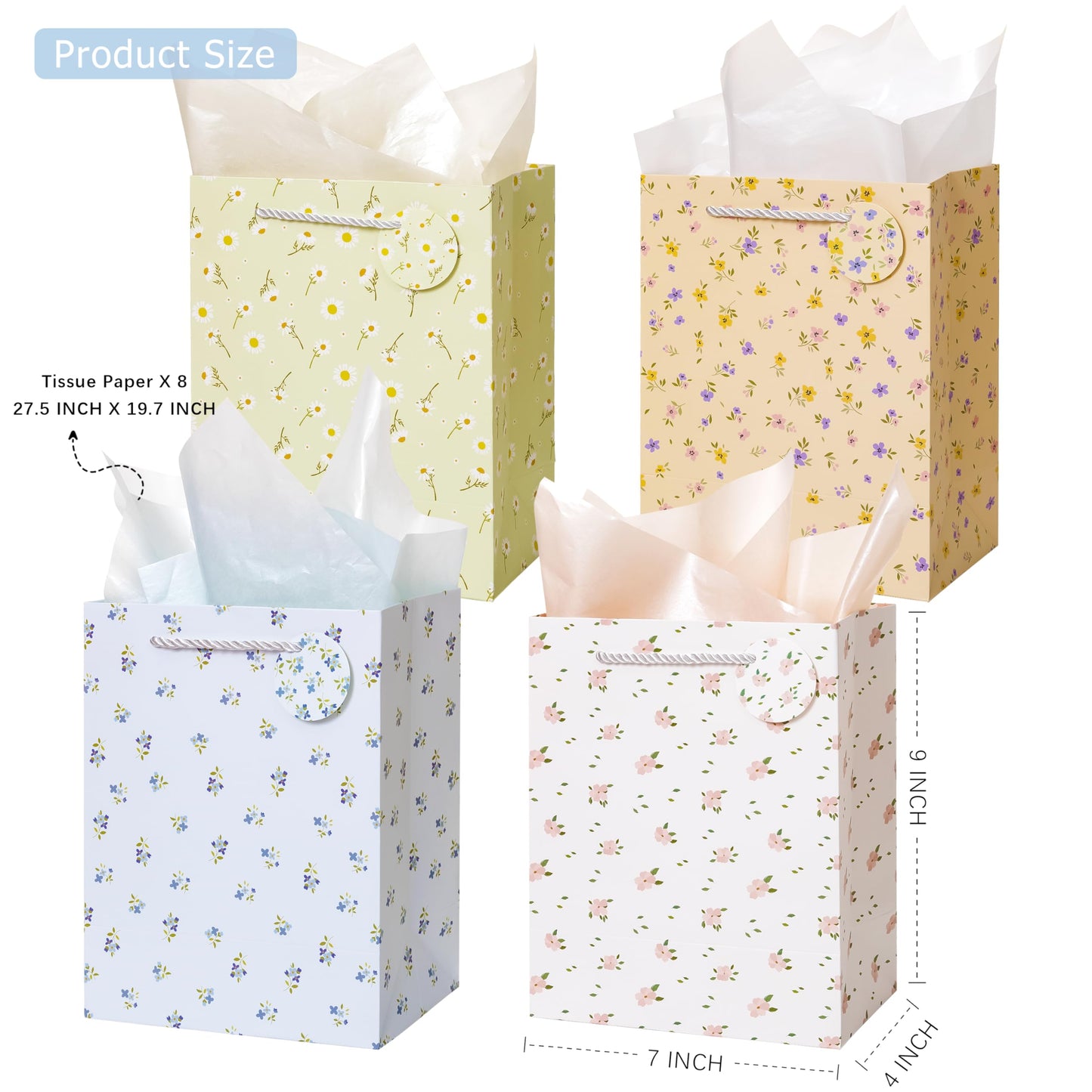 Crisky Bags for Small Business, 4 Pack Medium Gift Bags with Handles, Wildflower Floral Wedding Gift Bag Medium Size Goodie Bags with Tissue Paper for Bridal Shower, Engagement, Birthday, Graduation