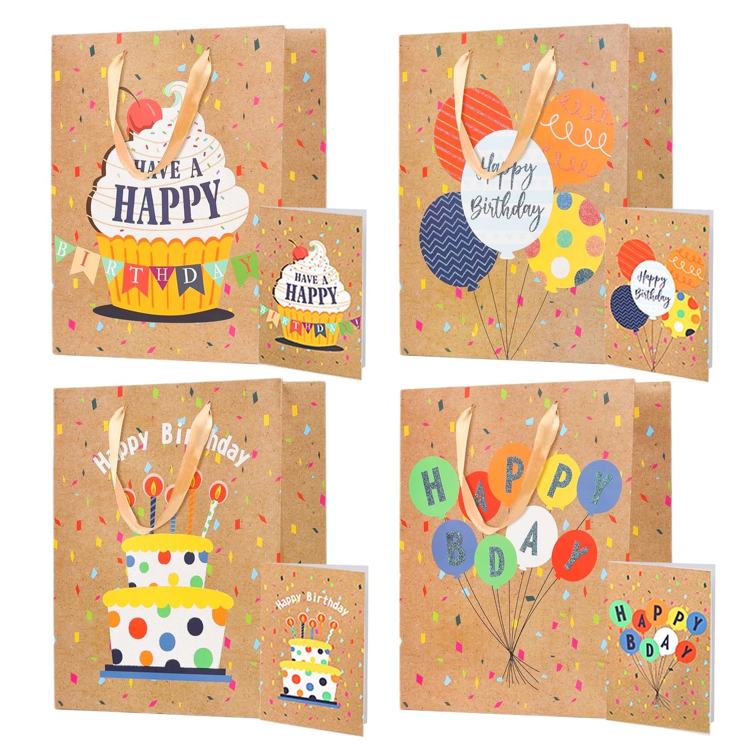 Dimetey 4pcs 13'' Happy Gift Bags in 4 Designs, Includes Greeting Cards, Large Paper Bags with Handles, Ideal for Kids, Adults Birthdays