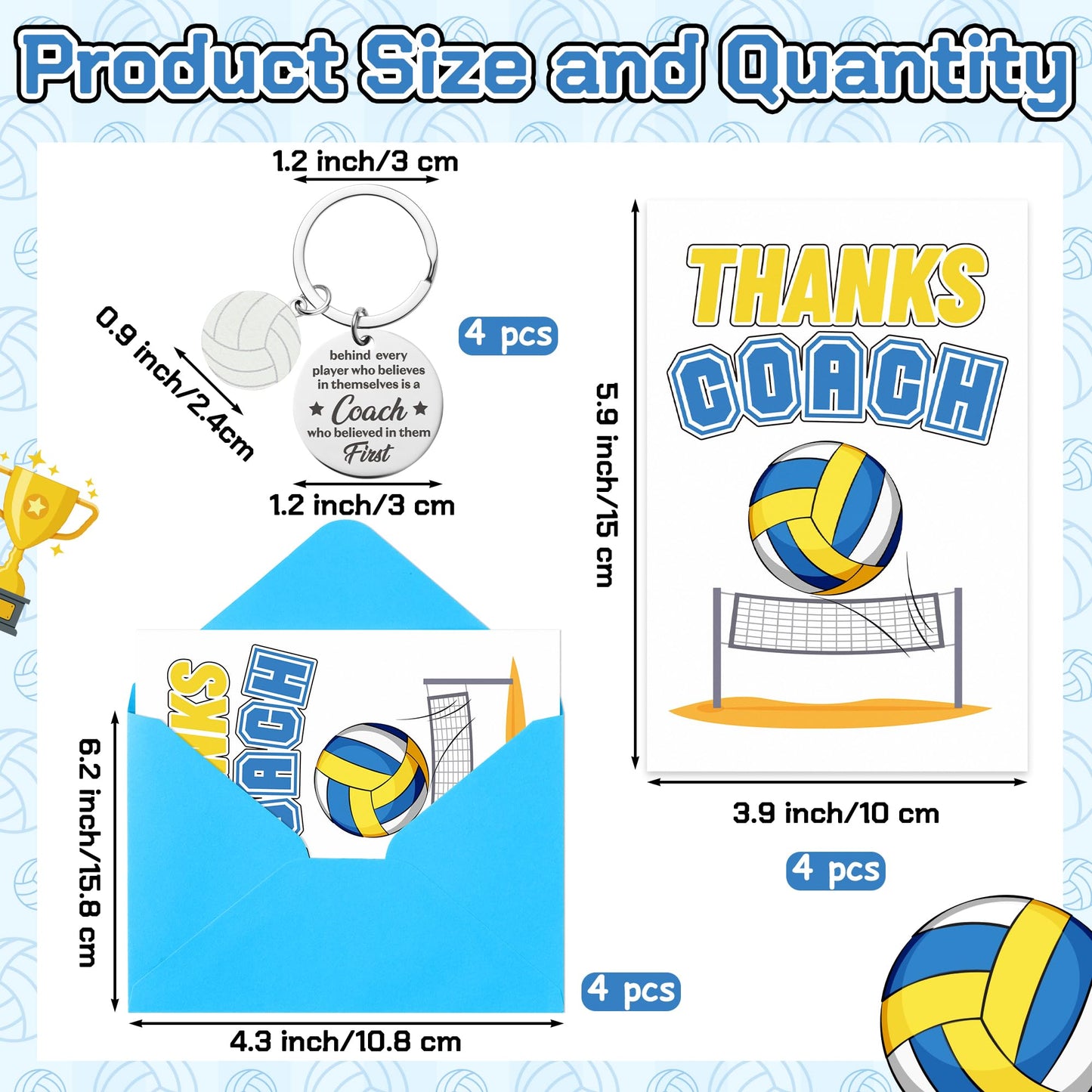 WATINC Coach Appreciation Gift Bulk - Thank You Volleyball Coach Gifts with 4 Thanks Card, Envelope, Keychain Set for Women Men, Thanks Volleyball Sports Teacher Greeting Cards for Farewell Birthday