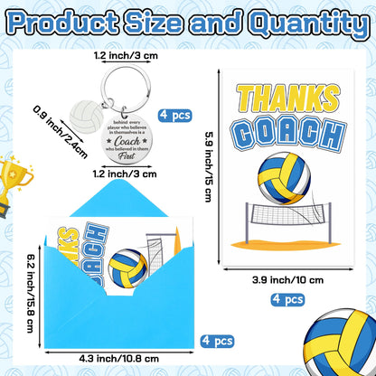 WATINC Coach Appreciation Gift Bulk - Thank You Volleyball Coach Gifts with 4 Thanks Card, Envelope, Keychain Set for Women Men, Thanks Volleyball Sports Teacher Greeting Cards for Farewell Birthday