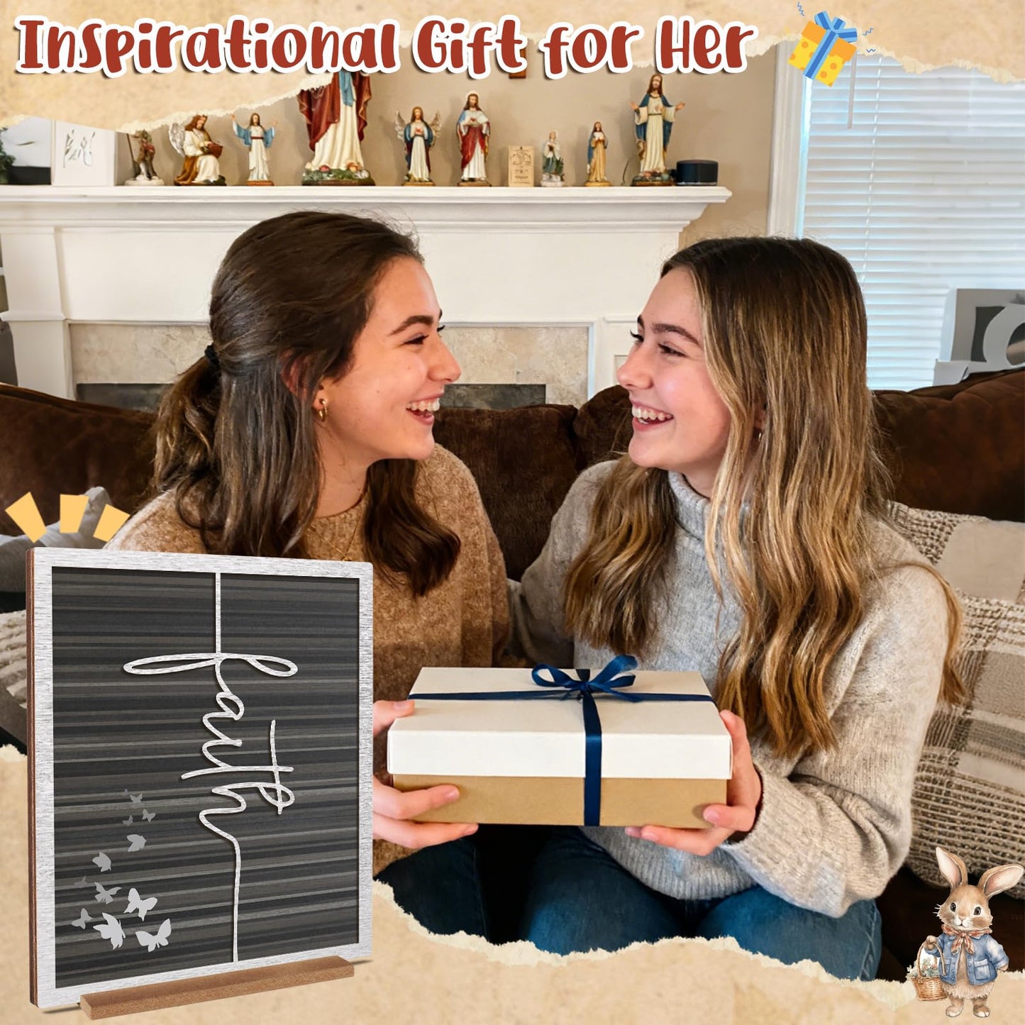 ARTINAEL Christian Gifts for Women Faith, Wood Jesus Art Decor Signs & Plaques for Entryway Table Desk Shelf Tiered Tray, Inspirational Butterfly Design Motivational Gift for Home Office Farmhouse