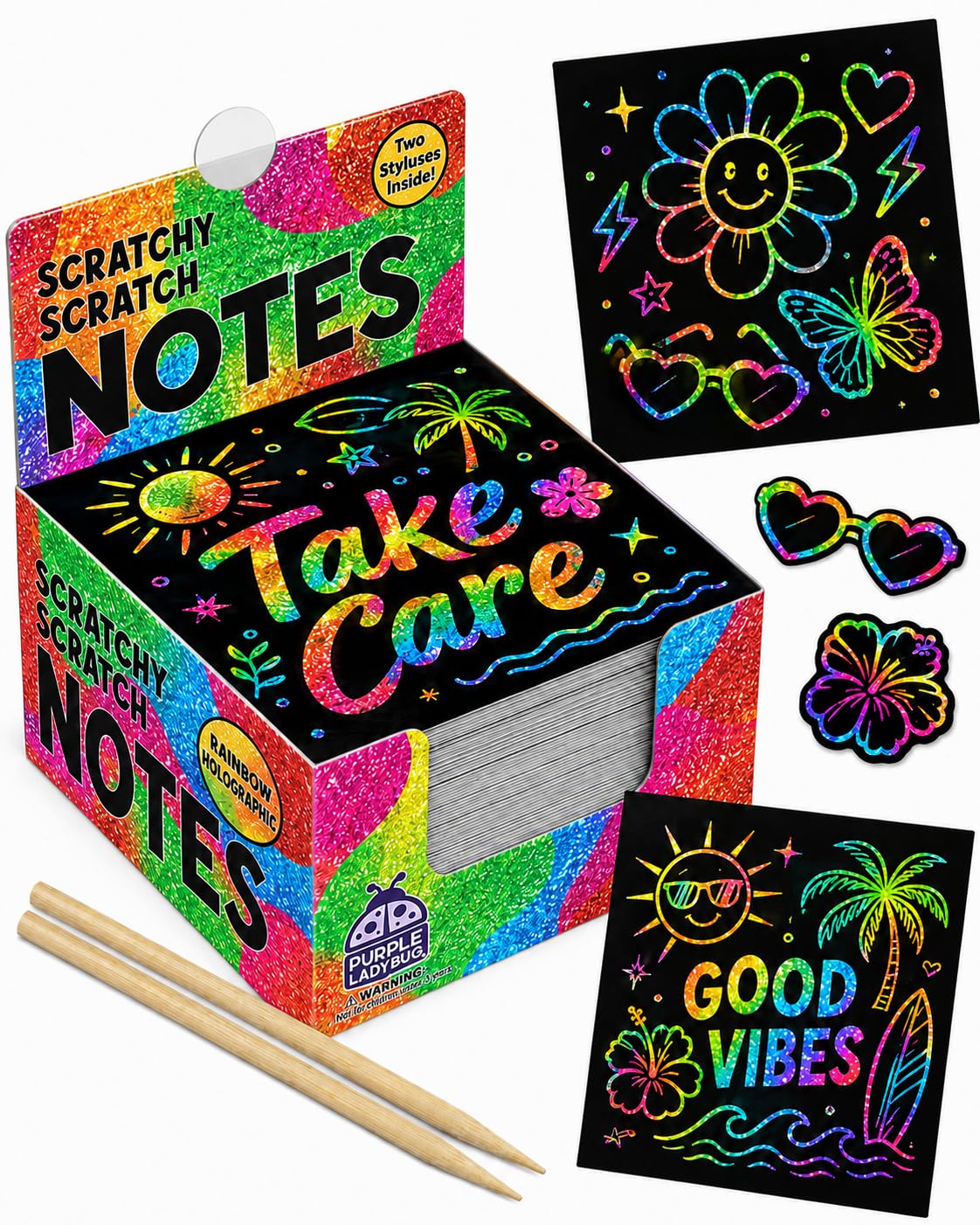 PURPLE LADYBUG Rainbow Holographic Scratch Art Mini Notes - Teen Girl Gifts Trendy Stuff, Small Gifts for Teens Art and Craft Supplies Summer Activities for Kid Summer Stuff for Teen Girls