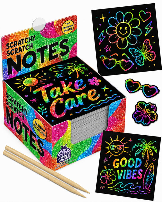 PURPLE LADYBUG Rainbow Holographic Scratch Art Mini Notes - Teen Girl Gifts Trendy Stuff, Small Gifts for Teens Art and Craft Supplies Summer Activities for Kid Summer Stuff for Teen Girls