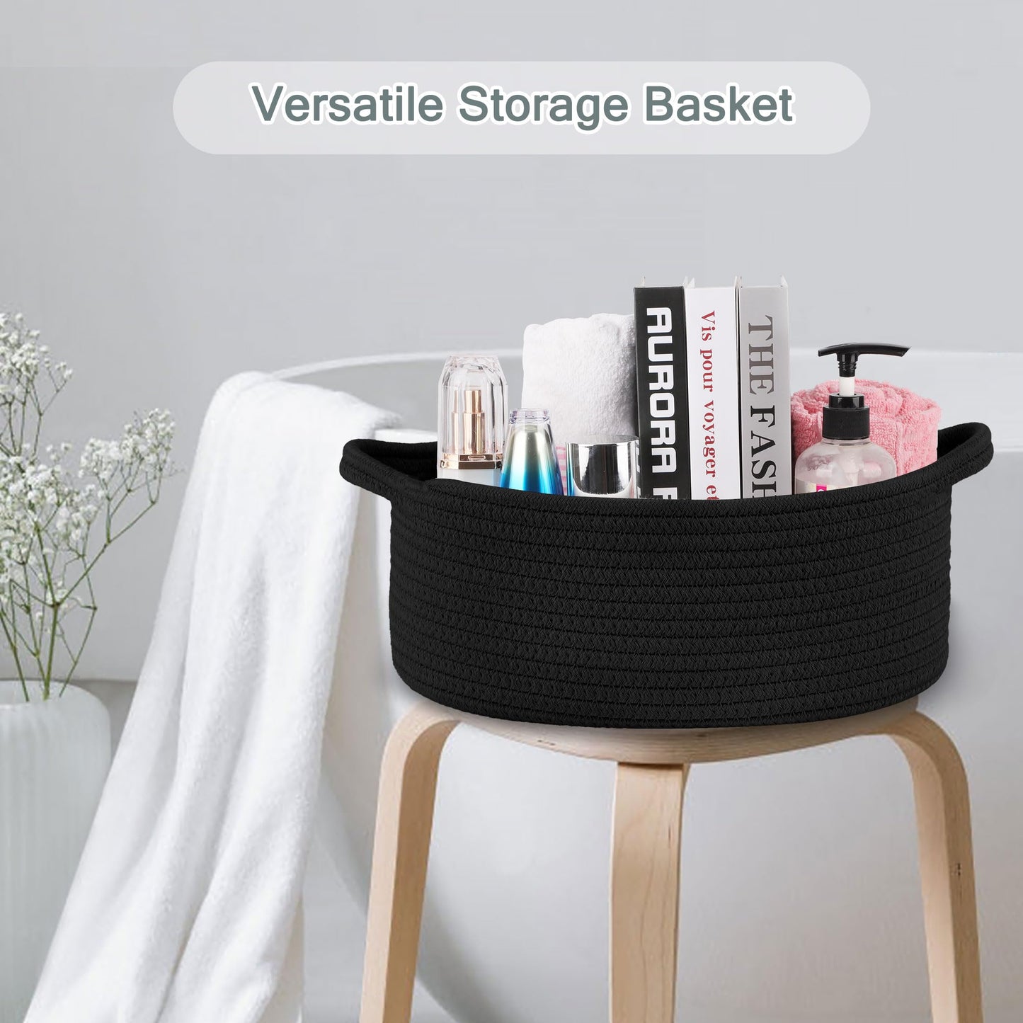 COMSE Small Woven Basket with Gift Bags and Ribbons, Gift Basket Empty, Cotton Rope Storage Organizer, Baby Toy Box with Handles, 12" x 8" x 5", Black