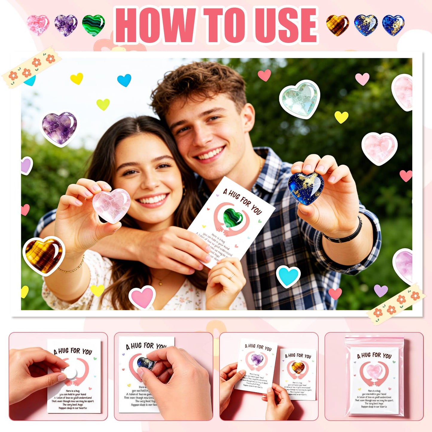 WenmthG 60 Sets Heart-Shaped Stones Pocket Hug Token Bulk Gift Card for Women Men - Valentines Day Gemstones Gifts Exchange for Kids - Christmas Party Gift for Boys Girls Friends Classroom Colleague