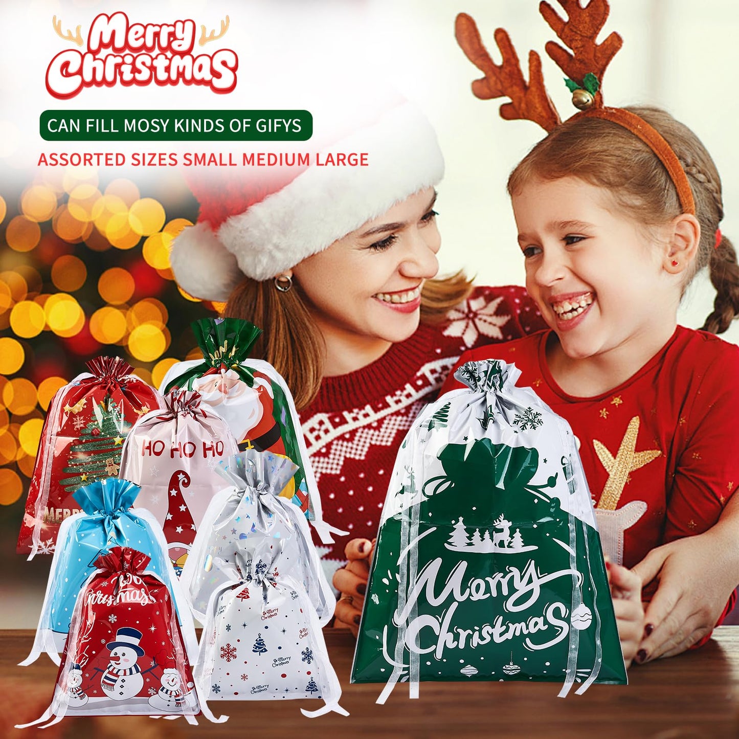 sishunhang 38PCS Christmas Gift Bags, Assorted Sizes Bulk S/M/L, Waterproof Holiday Gift Wrap with Drawstring,Gift Sacks,Gift Wrap Bags,Gift Bags For Presentsgift (38)